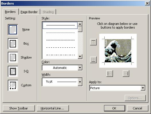 PAGE 52 - ECDL MODULE 3 (USING OFFICE 2003) - MANUAL Select the BORDERS tab within the dialog box.