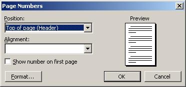 PAGE 65 - ECDL MODULE 3 (USING OFFICE 2003) - MANUAL POSITION HEADER: Places the page number in the header at the top of each page.