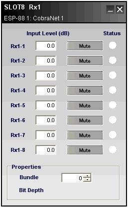 5.2 CobraNet Input Control Panel Similarly a double click on a CobraNet input module in ESP View will present the input control panel, which includes an input level and mute control for each of the