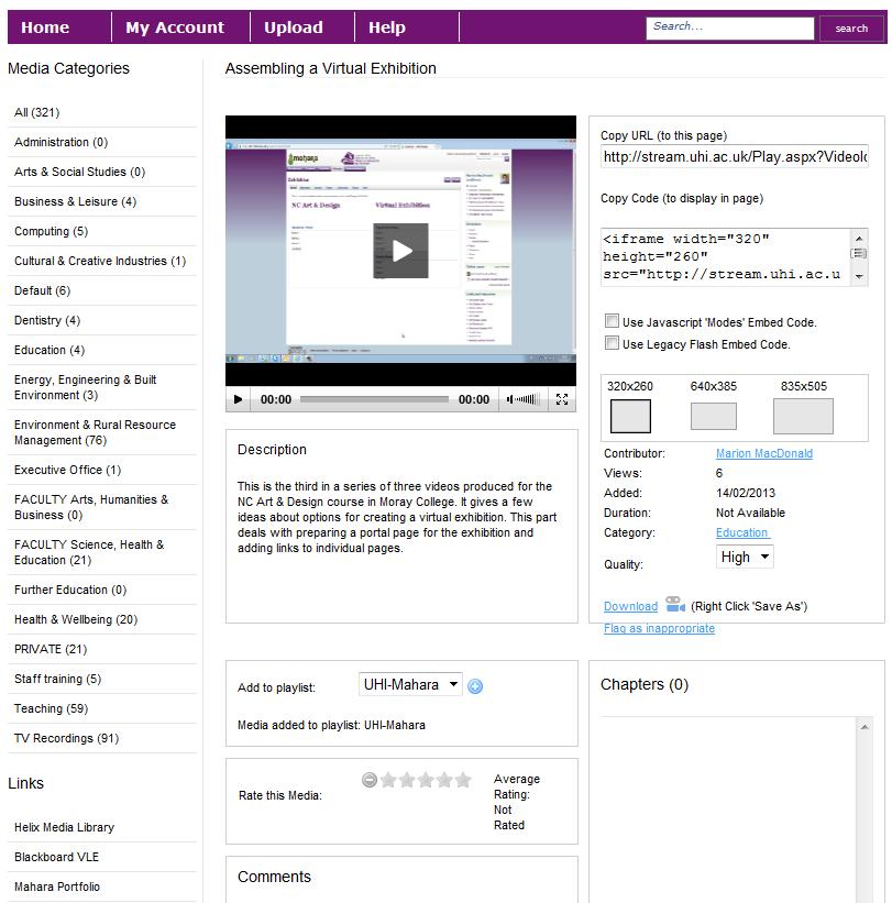 Embedding a Video in UHI-Mahara If you wish to embed a video which is stored in the Helix Media Library in UHI-Mahara, you will need a copy of the embed code.