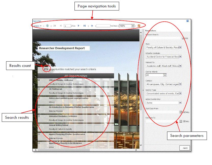 Parts of the RD Online Tool or Report Default Settings By default, the report searches all active resources and events happening across the university.
