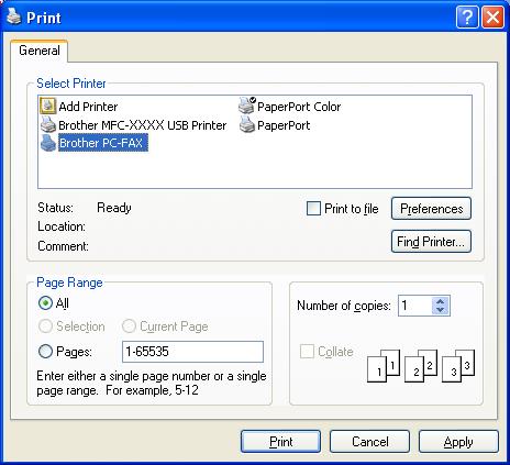 Brother PC-FAX Software (MFC models only) Sending a file as a PC-FAX using the Simple style user interface 6 a Create a file in any application on your PC. b Click File, then Print.