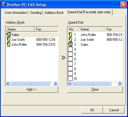 Brother PC-FAX Software (MFC models only) Speed Dial setup 6 From the Brother PC-FAX Setup dialog box, click the Speed Dial (Facsimile style only) tab.