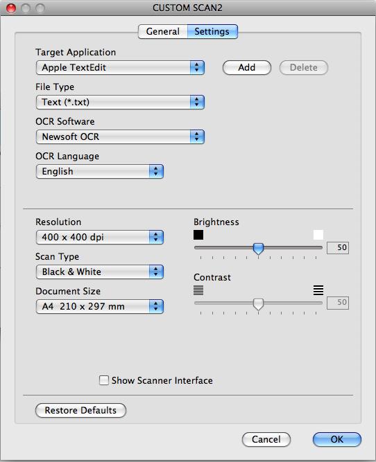 ControlCenter2 Settings tab Choose the Target Application, File Type, OCR Software, OCR Language, Resolution, Scan Type, Document Size, Show Scanner Interface, Brightness and Contrast