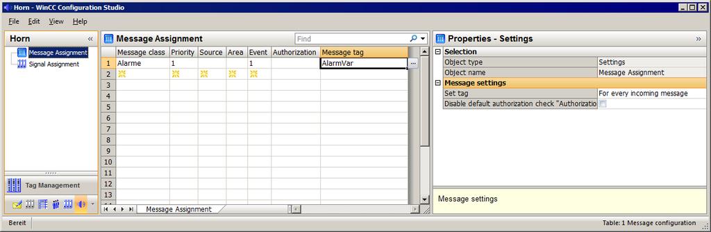 Horn 3.4 Linking Signal Tags to Messages Procedure 1. Select the "Message Assignment" tab. 2. Click on the first free cell in the "Message class" column.