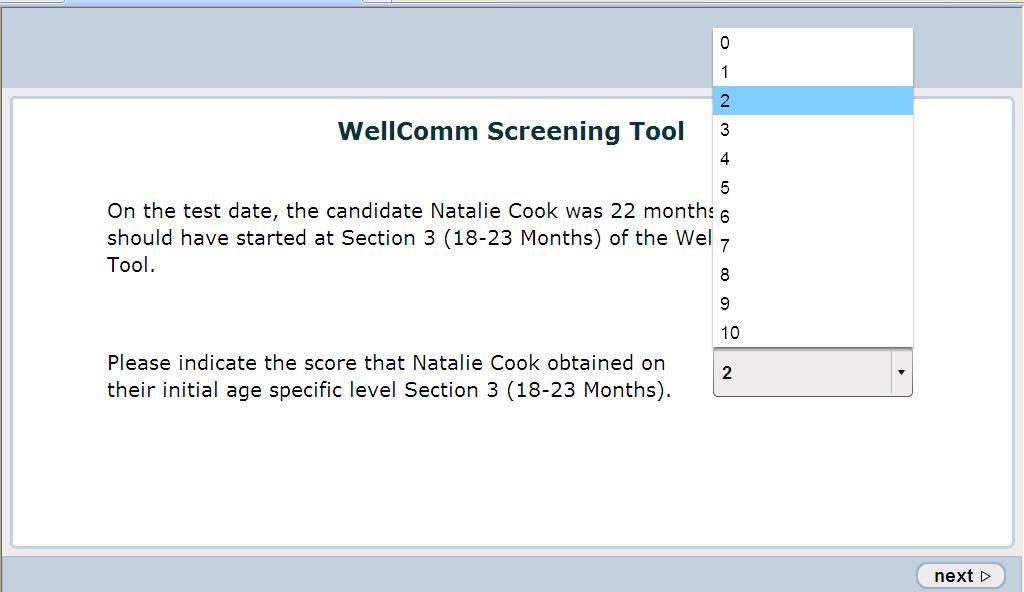 This page requests you to enter your name (or the name of the original administrator) and the date that the WellComm Screening Tool was administered.