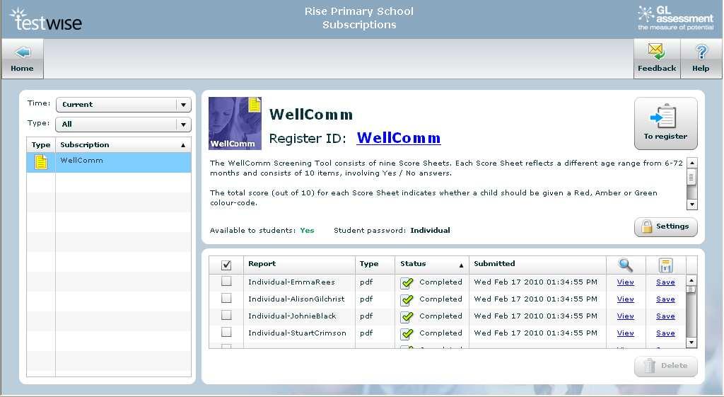 In the Subscription page, the upper panel shows the assessment title, Register ID, security settings and a brief