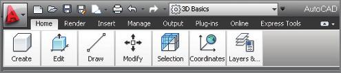 Exploring the AutoCAD 2013 for Windows User Interface 9 toolbars (see Figure 1.9). Close the Tool Palettes and the Online floating toolbar. Tabbed interface Minimize ribbon Typical panel Figure 1.
