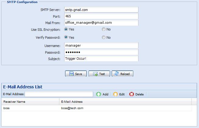 Function SMTP Server Port Mail From SSL Encryption Verify Password Subject E-Mail Address List Test Description Enter the SMTP server address provided from your e-mail system supplier.