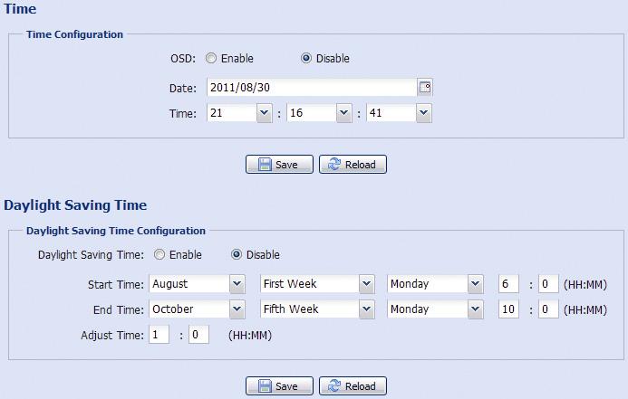 3.8.2 Time Set daylight saving time and the current time, and click Save to confirm. Function Description Time Configuration Date Set the current date.