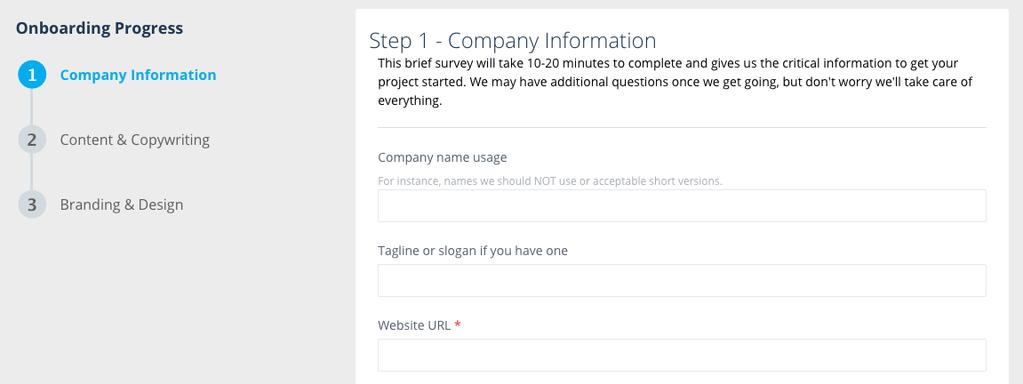 Onboarding Process Company Information - Basic info to setup your website and contact forms.