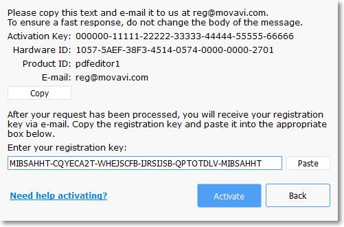If you're having problems with offline activation: Make sure that the keys are entered correctly and are intended for your version of Movavi PDF Editor.