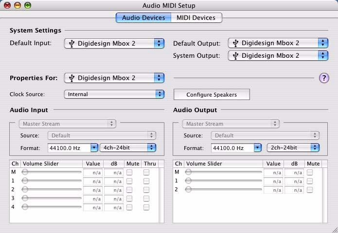 Apple Audio MIDI Setup To configure the Apple Audio MIDI Setup for Mbox 2 audio: 1 Launch Audio MIDI Setup (located in Home/Applications/Utilities). 2 Click Audio Devices.