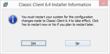 Figure 5: Installation Completion Screen 9. The Classic Client InstallShield Wizard displays the Reboot Dialog.
