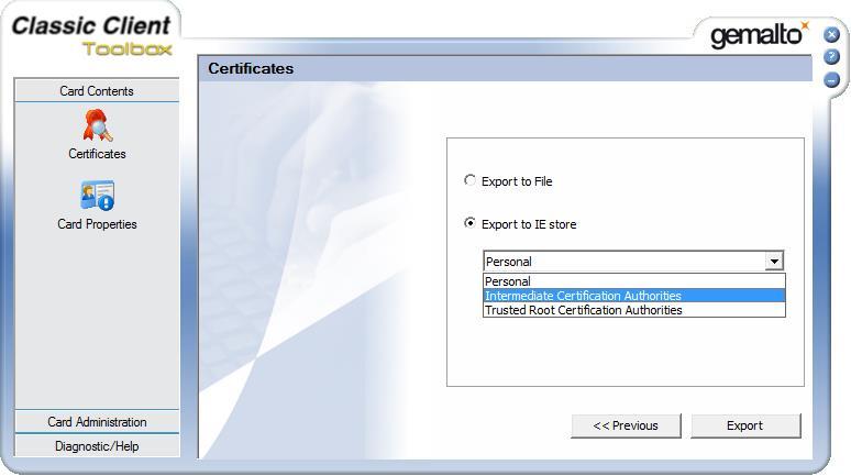 click on the Export button; Figure 22: Card Contents - Certificates 2.