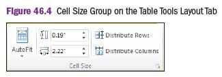 46 Changing Column Width and Row Height The Cell Size group on the Table Tools Layout tab