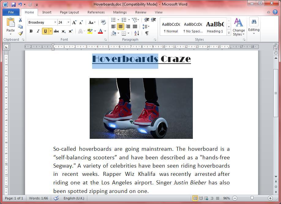10. John is doing a project on Hoverboards. Using the picture below, answer the questions: a. What did John name his file? b. What program is John using? c. Which text is selected d.