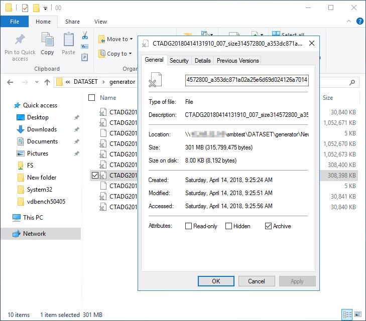 File Tiering Client View After Tiering Stub Files X is displayed in the bottom left of the file icon Size = File Size Size on Disk = 8KB Timestamps