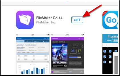 Install Filemaker Go 14 on your ipad 3. Tap on "Get" to install it on your ipad Filemaker Go requires ios 8.1 or greater.