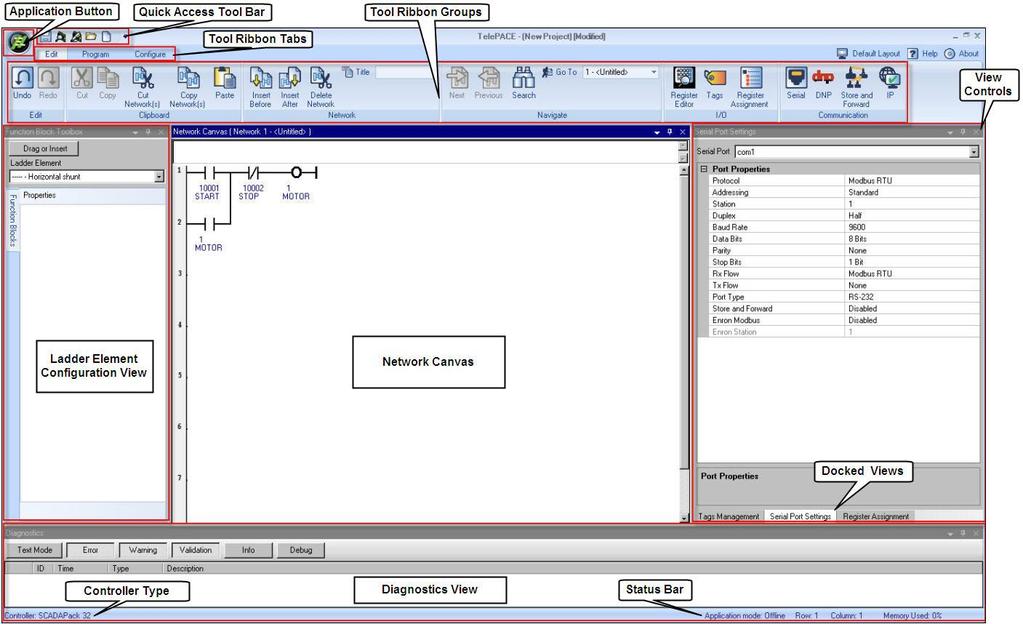 TelePACE Ladder Editor Environment TelePACE Studio is a powerful programming and monitoring environment, which enables the user to: Create ladder logic programs.