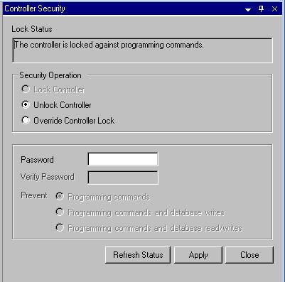 Enter a password in the Password edit box. Re-enter the password in the Verify Password edit box. Any character string up to eight characters in length may be entered.