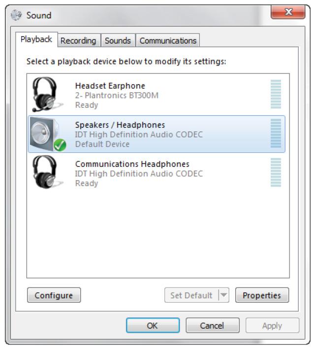 1. To defi ne the default communications device, make sure that the Sound settings in Windows pertaining to Recording and Playback devices are correctly confi gured.
