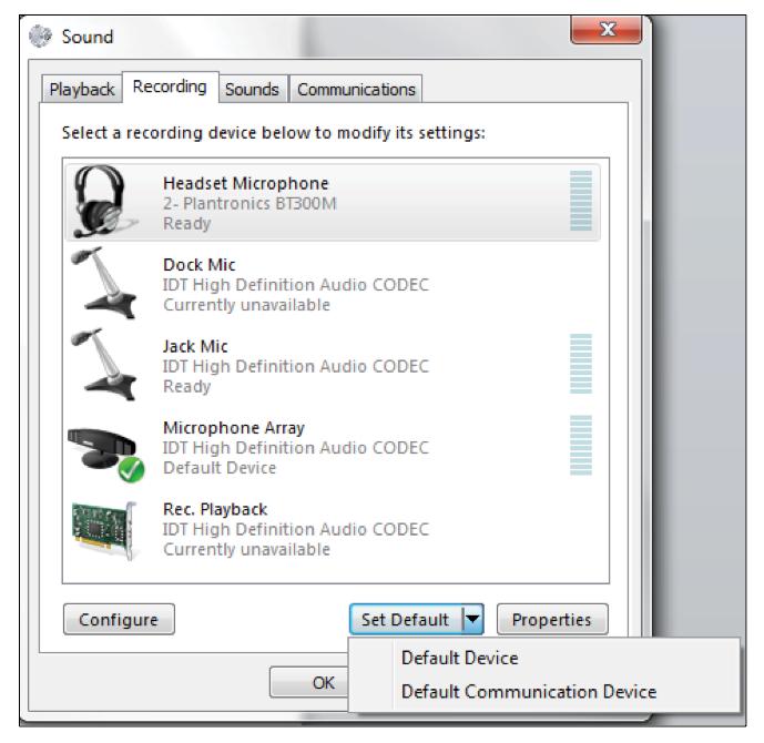 4. Again, click on Headset Microphone, which represents the connected Plantronics BT300M device, and click on the drop-down
