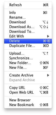 How do I delete files? Files can be deleted by right clicking on a file. The above contextual menu appears. The selected file will be deleted once you release the mouse on the delete menu item. N.B.