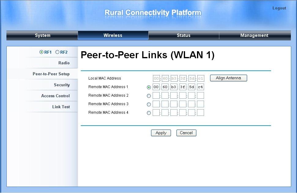 Select RF1, input the WLAN1 MAC address of the remote one