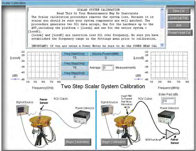 Chapter 2 - Software Overview Calibration Settings Calibration Settings Scalar Calibration This feature anables you to make a scalar calibration using your Signal Generator and Recieve source.