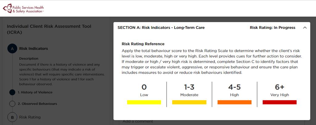 3.2 Risk Rating Reference The top horizontal bar displays your current section and when you click the down arrow on the far right, a popup will open displaying more information regarding
