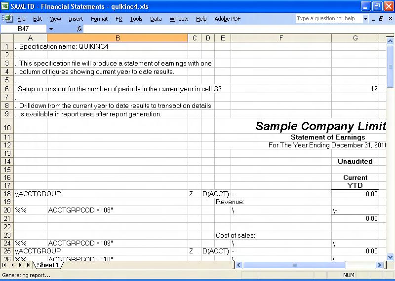 FR Menu Commands Sample Spreadsheet Demonstrates Drilldown The sample spreadsheet quickinc4.xls uses the transaction function, FRTRNA, to demonstrate drilldown.