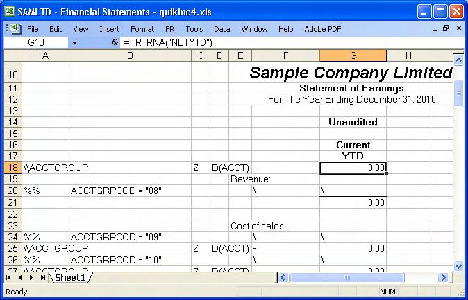 Income Statements QuikInc4 Current YTD with Drilldown Sample formula Results,