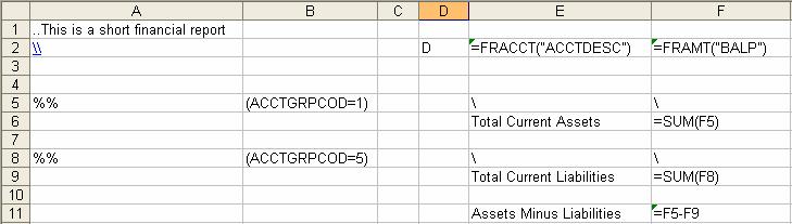 Lesson 2: Creating a Financial Report Specification 5. Click cell E6 and type Total current assets. 6.