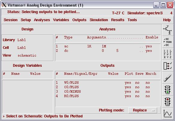 Schematic in the Analog Design Environment window. Go to Virtuoso Schematics Editing and click on the nodes where you would like the voltages and currents displayed in the output plot.