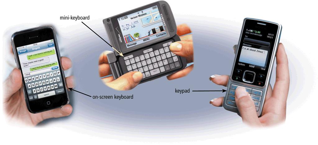 The Keyboard Keyboards on mobile devices typically are smaller and/or have fewer keys Some phones have