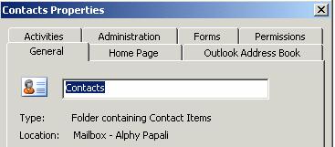 Outlook displays the Contact Properties screen, the