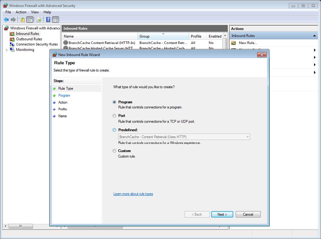 DCOM configuration, continued 21 Click Inbound Rules in the left-hand pane, then New Rule in the