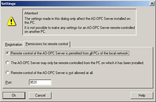 Settings, continued Permissions for remote control Setting the permissions for remote control Remote control of the OPC server is permitted