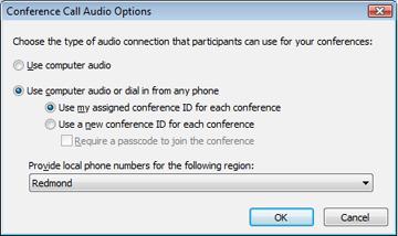 Unified Communications: How-To / Conferencing Page 50 of 69 Dial-in Conferencing Audio Options With the recent version of the Conferencing Add-in for Outlook, you can schedule a conference call and