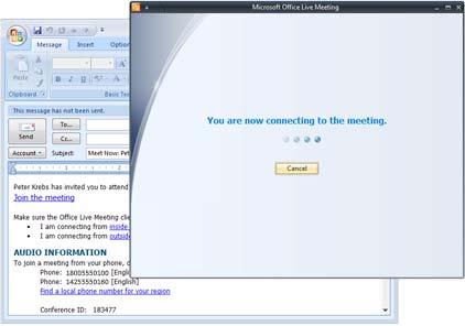 Unified Communications: How-To / Conferencing With Live Meeting Page 63 of 69 Meet Now from Outlook You can start an unscheduled Meet Now Meeting to share documents, applications, and your desktop