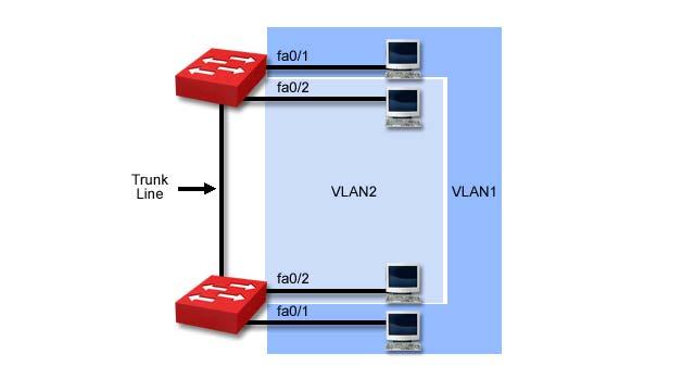 7.3. Trunking Trunking is a term used to describe connecting two switches together. Trunking is important when you configure VLAN s that span multiple switches as shown in the diagram.