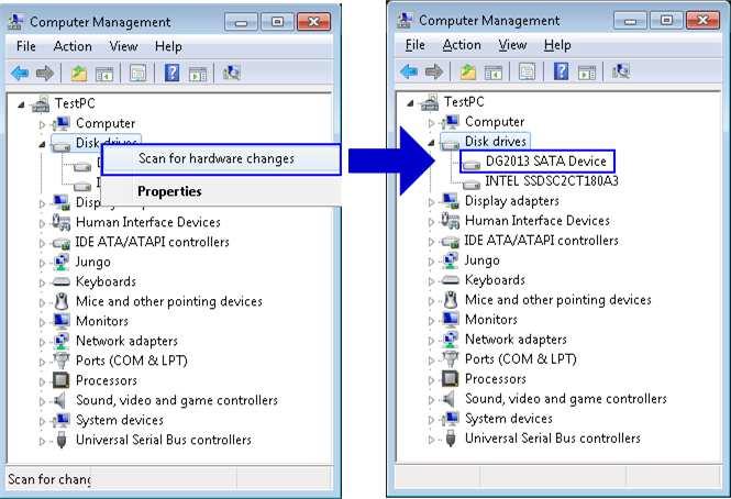 3 Operation Test on OS Open Device Manager on Windows7. New SATA-Device disk (DG2013 SATA Device) will be shown in Disk drives if the Motherboard enables Hot-plug support.