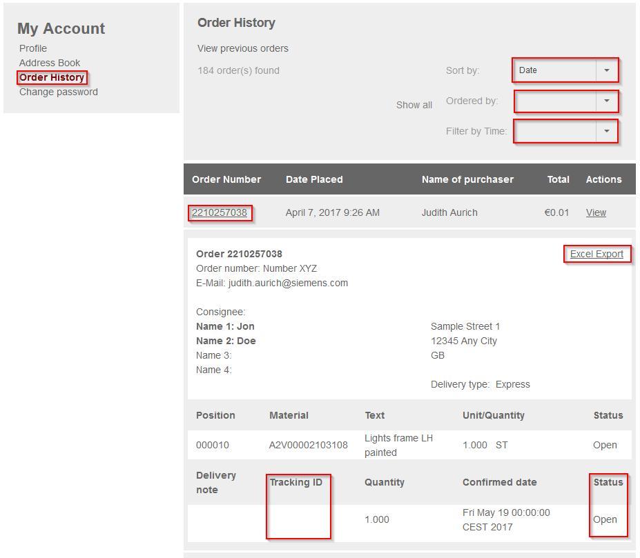 Miscellaneous Account settings Click on Order History to find information about your orders: Set different filters