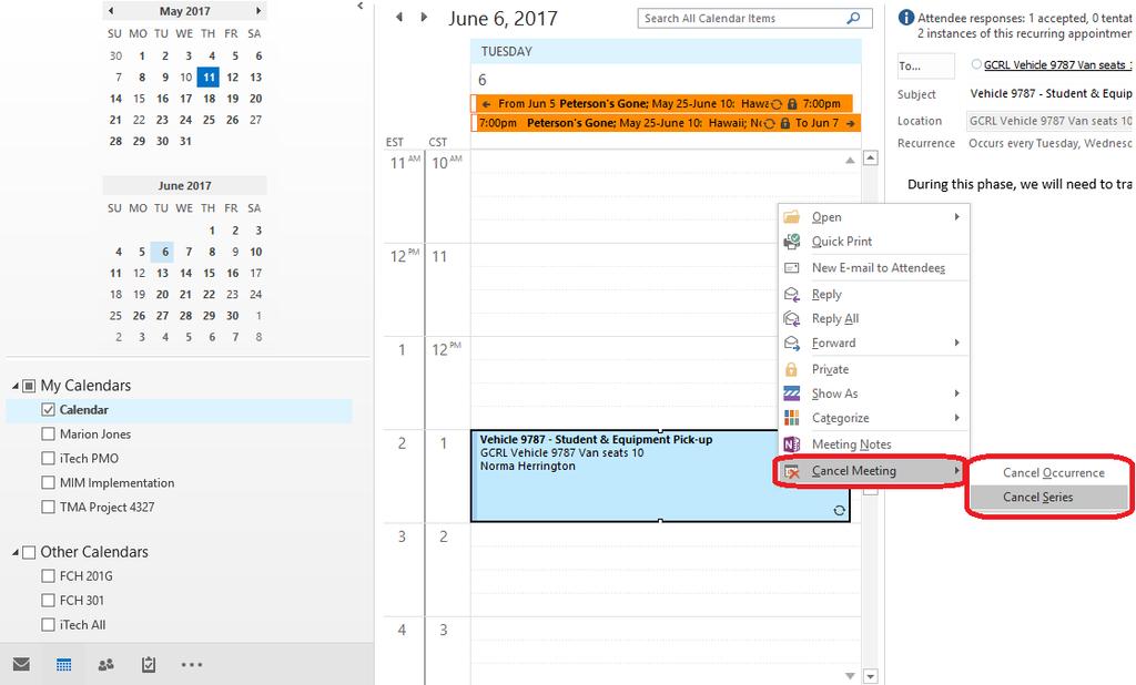 2. CANCELING A MEETING 1. Click the Calendar icon in the bottom left corner of Outlook to display the calendar. 2. Navigate to meeting/reservation to be cancelled and right-click on the meeting.