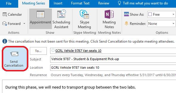 3. Once the selection is made, the meeting opens. Click on Send Cancellation to cancel the meeting/reservation.