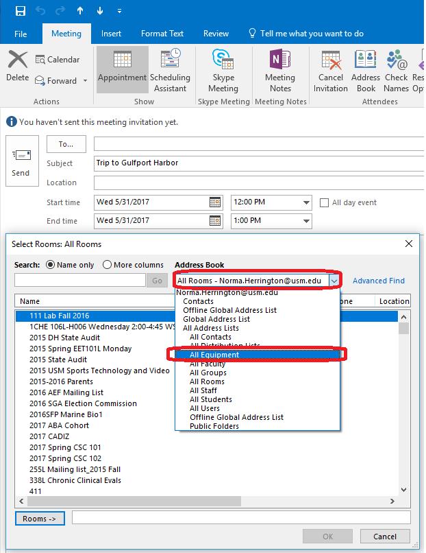 5. When the Address List comes up, select the dropdown arrow under Address Book.