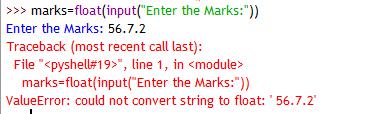<variable_name> = int(input( String to be displayed ) ) OR <variable_name> = float(input( String to be displayed ) ) POSSIBLE ERRORS WHEN READING