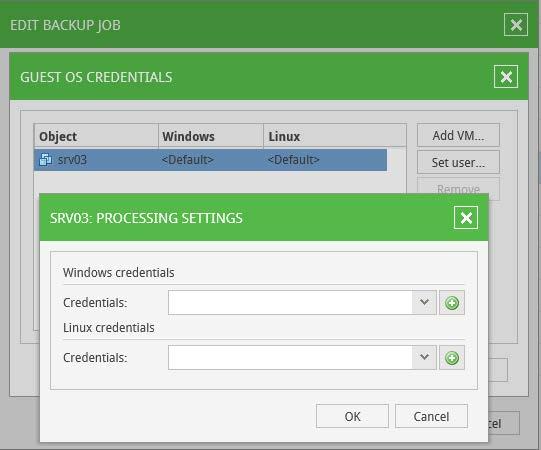 Special Credentials for Machine By default, for all machines in the list Veeam Backup & Replication uses common credentials you provided in the Guest OS credentials section.