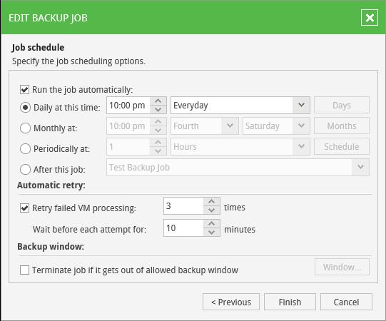 You can choose to perform the job at specific time on defined week days, monthly and with specific periodicity. You can also select to back up a machine continuously.
